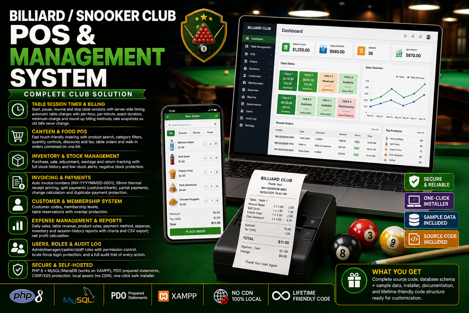 Billiard Management System — main dashboard showing table status, live sessions, revenue summary and club overview